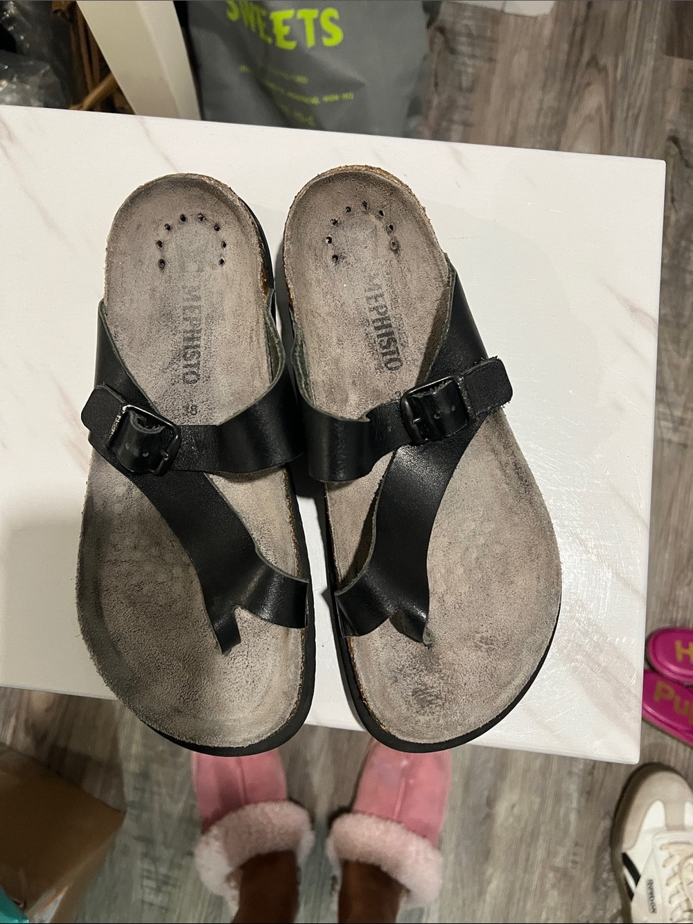 Mephisto Black Leather Toe-Post Sandals with Buckle